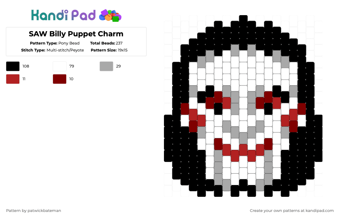 SAW Billy Puppet Charm - Pony Bead Pattern by patwickbateman on Kandi Pad - white,beige,saw,horror,black,red,charm,character,billy the puppet