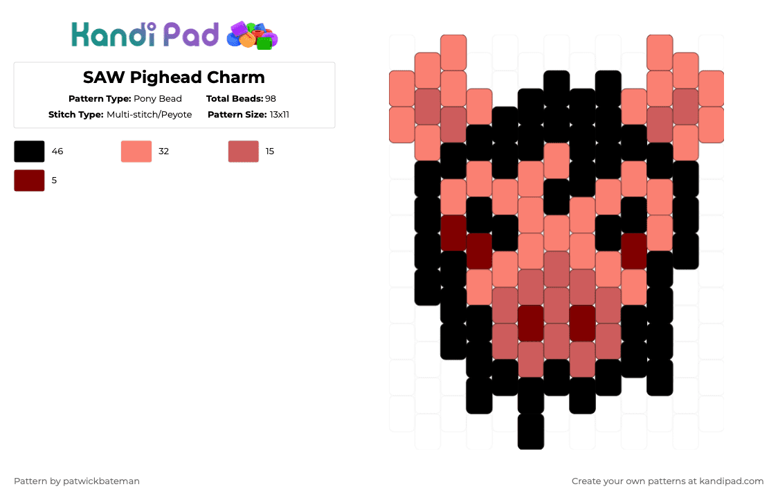 SAW Pighead Charm - Pony Bead Pattern by patwickbateman on Kandi Pad - orange,charm,saw,horror,pink,black,amanda young,idk how to tag ts,character