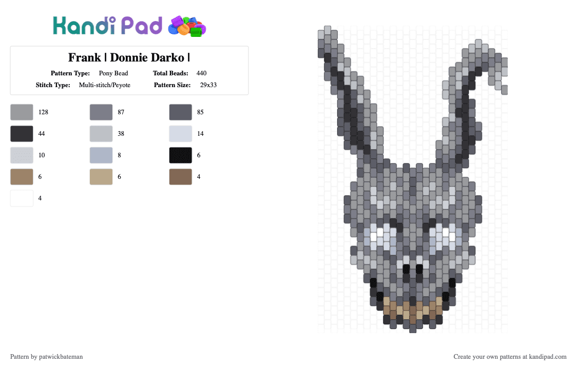 Frank | Donnie Darko | - Pony Bead Pattern by patwickbateman on Kandi Pad - gray,movie,character,grey,panel,donnie darko,head