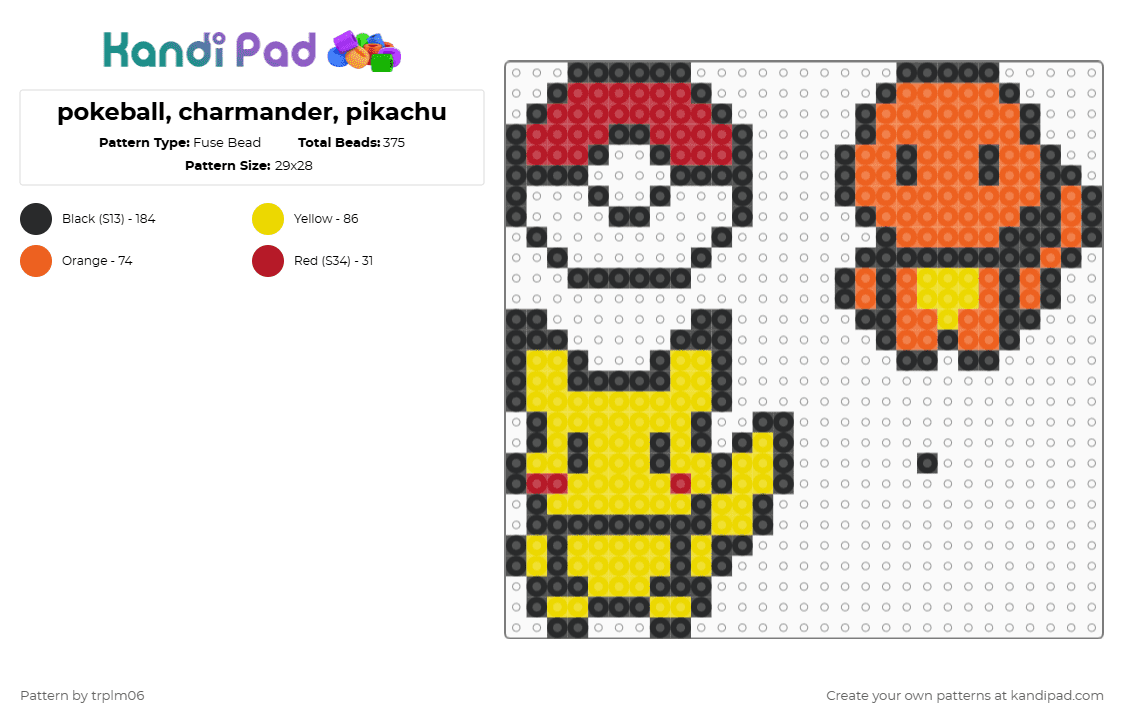 pokeball, charmander, pikachu - Fuse Bead Pattern by trplm06 on Kandi Pad - yellow,orange