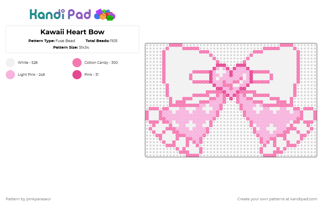 Kawaii Heart Bow - Fuse Bead Pattern by pinkparasaur on Kandi Pad - pink,white,cute,ribbon,kawaii,heart,cutecore,coquette,bow