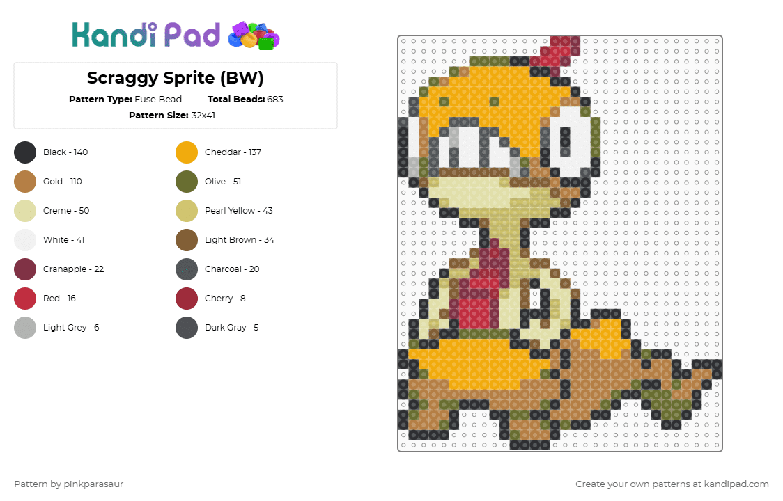 Scraggy Sprite (BW) - Fuse Bead Pattern by pinkparasaur on Kandi Pad - gold,tan,orange,yellow,pokemon,pokemon sprite,scraggy,scrafty,game sprite,game,pokemon black white