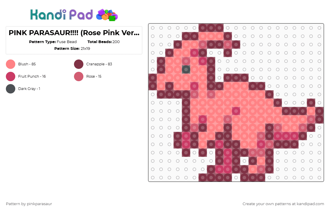 PINK PARASAUR!!!! (Rose Pink Version) - Fuse Bead Pattern by pinkparasaur on Kandi Pad - brown,red,rose,pink,cutecore,parasaur,dinosaur,hadrosaur,kawaii,coquette