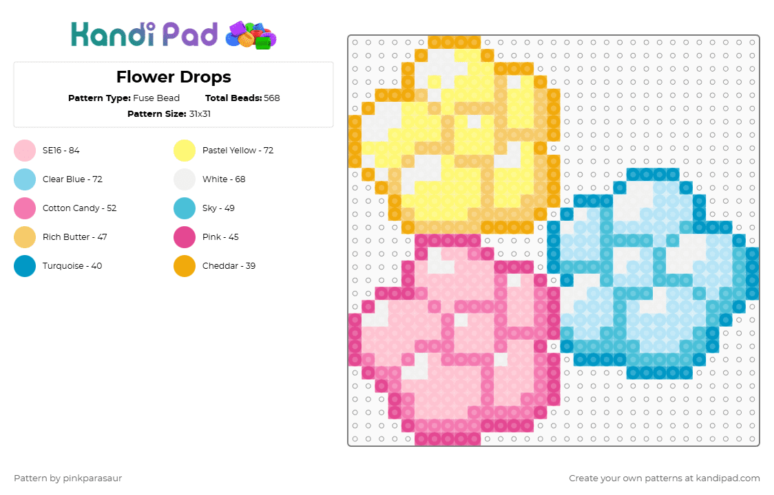 Flower Drops - Fuse Bead Pattern by pinkparasaur on Kandi Pad - yellow,light blue,pink,flowers,tamagotchi,pastel,cute,cutecore,flower