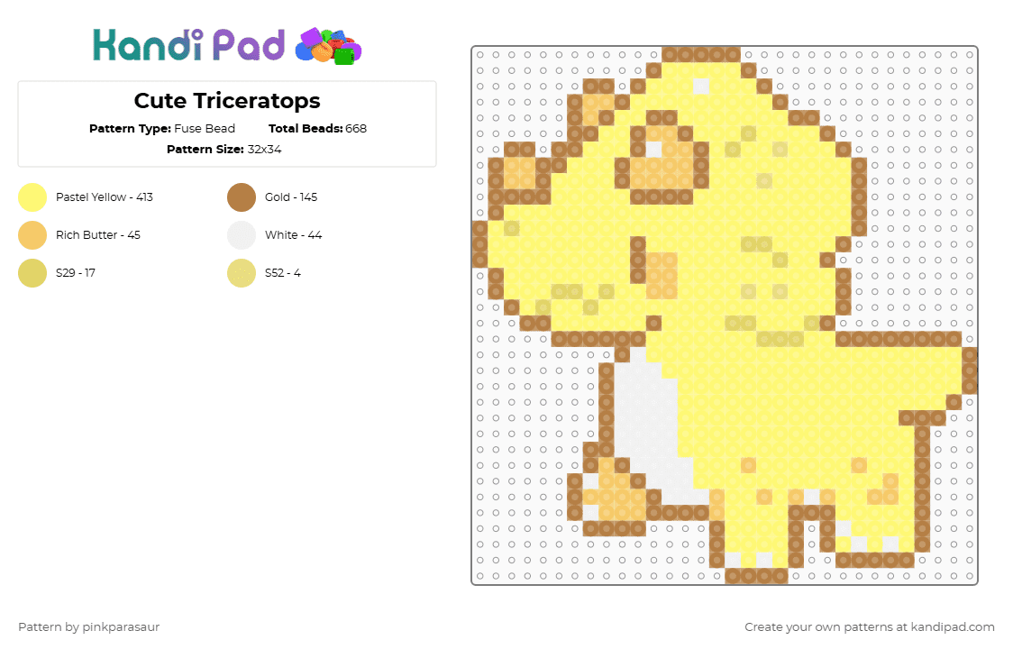 Cute Triceratops - Fuse Bead Pattern by pinkparasaur on Kandi Pad - yellow,kawaii,cute,dinosaur,triceratops,trike,cutecore,dinosaurs,rawr