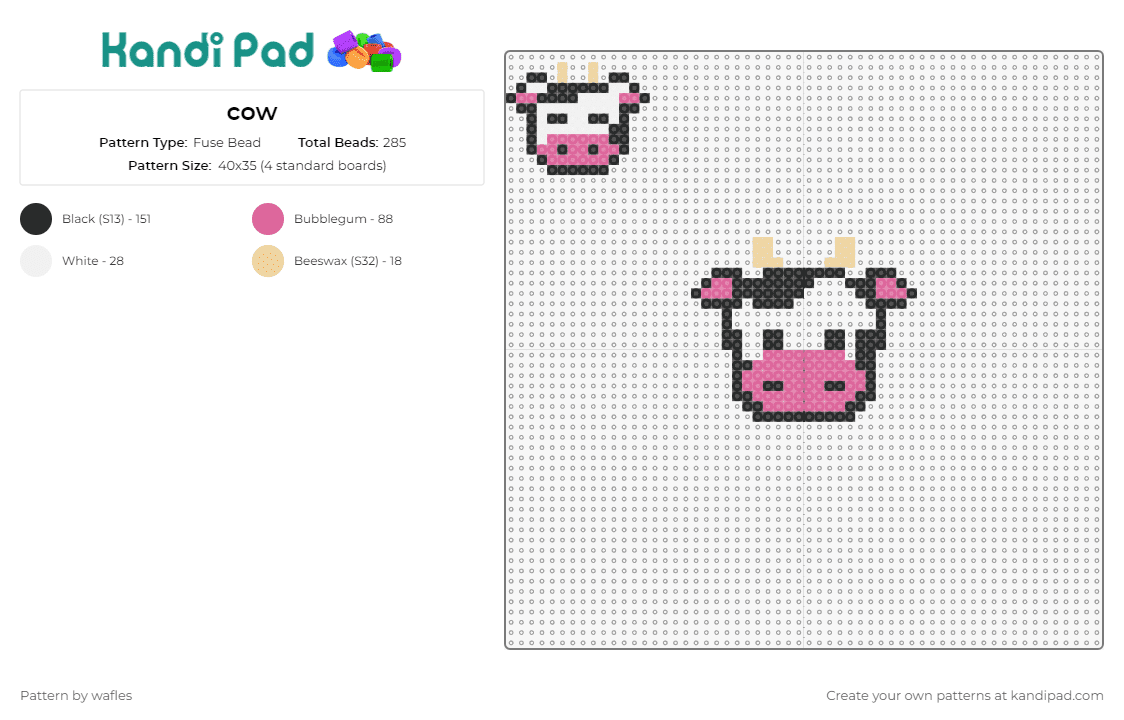cow - Fuse Bead Pattern by wafles on Kandi Pad - cow,animal,charm,cute,farm,pastoral,quaint,face,friendly,pink