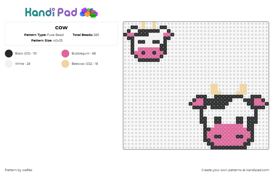 cow - Fuse Bead Pattern by wafles on Kandi Pad - cow,animal,cute,farm,pastoral,quaint,face,friendly,pink