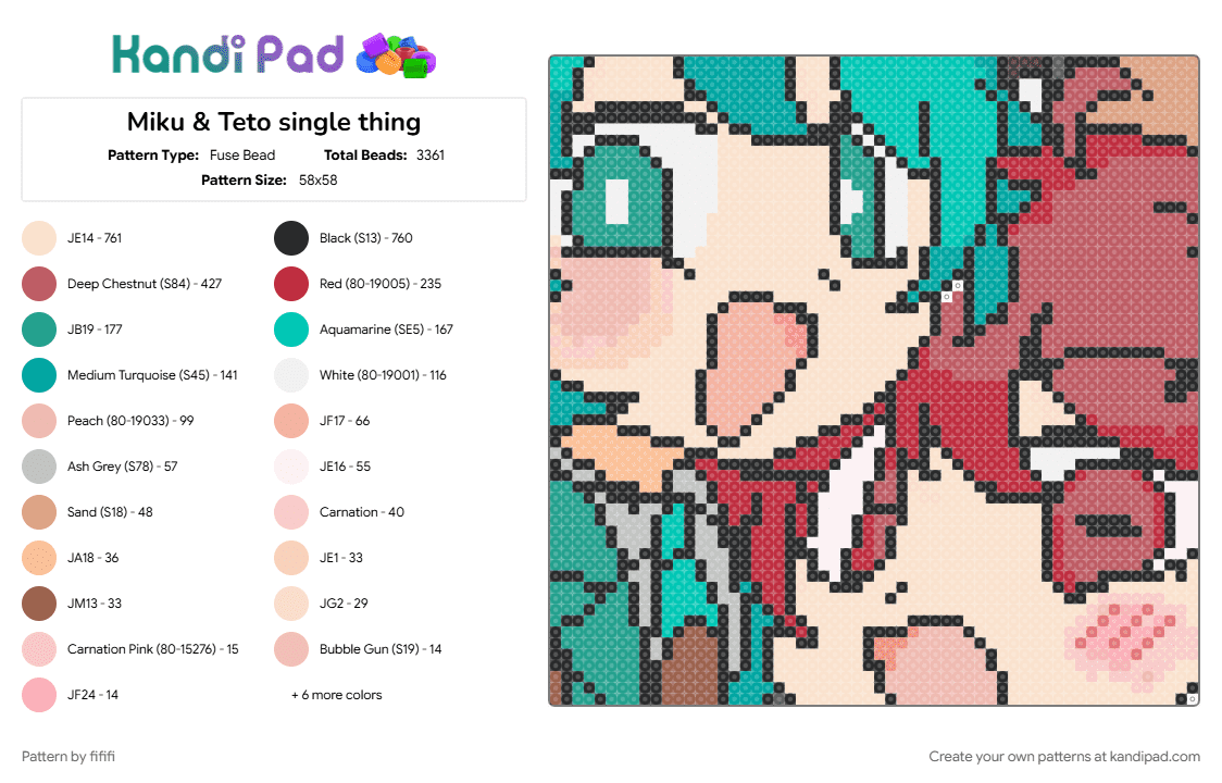 Miku & Teto single thing - Fuse Bead Pattern by fififi on Kandi Pad - beige, red, teal
