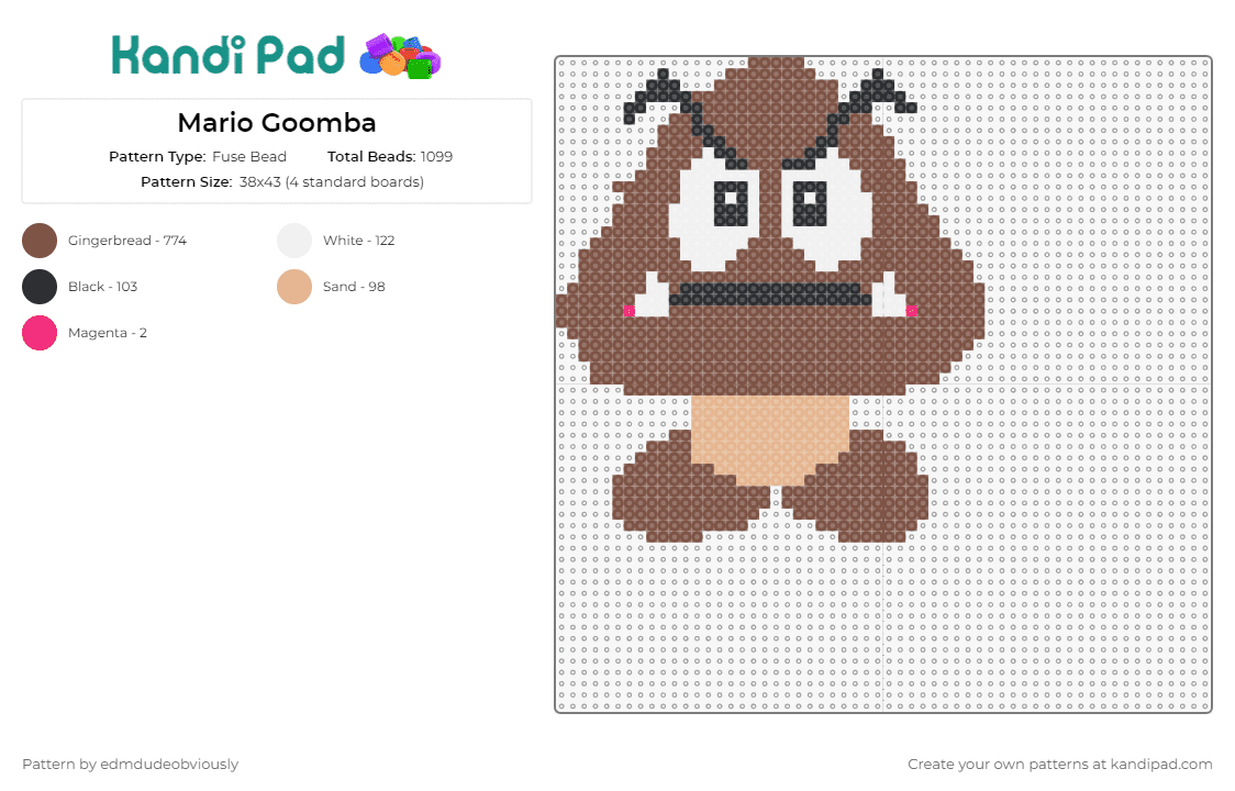 Mario Goomba - Fuse Bead Pattern by edmdudeobviously on Kandi Pad - goomba,mario,nintendo,video game