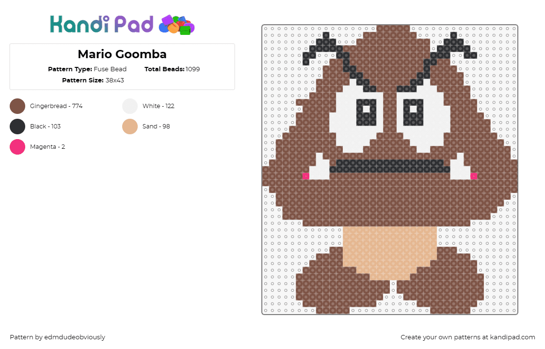 Mario Goomba - Fuse Bead Pattern by edmdudeobviously on Kandi Pad - goomba,mario,nintendo,video game,character,classic,brown,tan