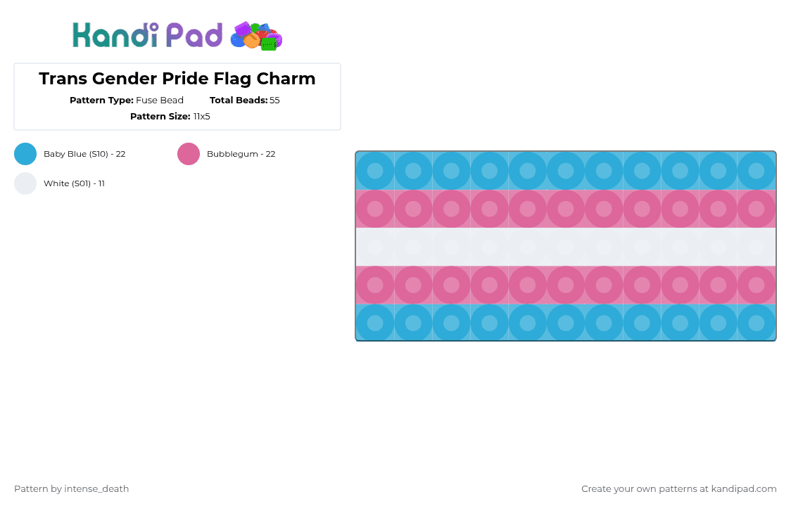 Trans Gender Pride Flag Charm - Fuse Bead Pattern by intense_death on Kandi Pad - light blue,pink,trans,flag,pride,lgbtq,colors,pronouns,charm,kandi