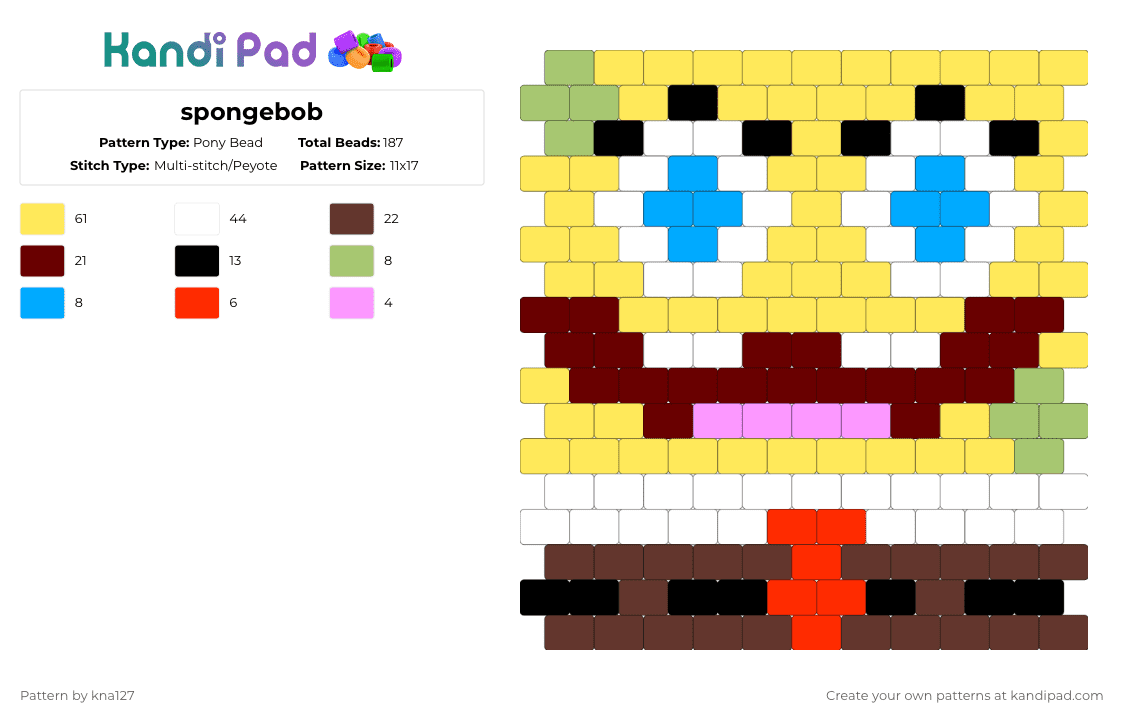 spongebob - Pony Bead Pattern by kna127 on Kandi Pad - yellow,brown