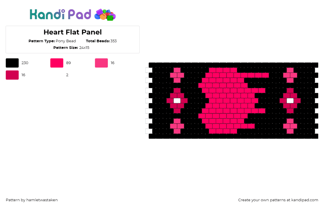 Heart Flat Panel - Pony Bead Pattern by hamletwastaken on Kandi Pad - heart,love,valentine,panel,black,red,pink