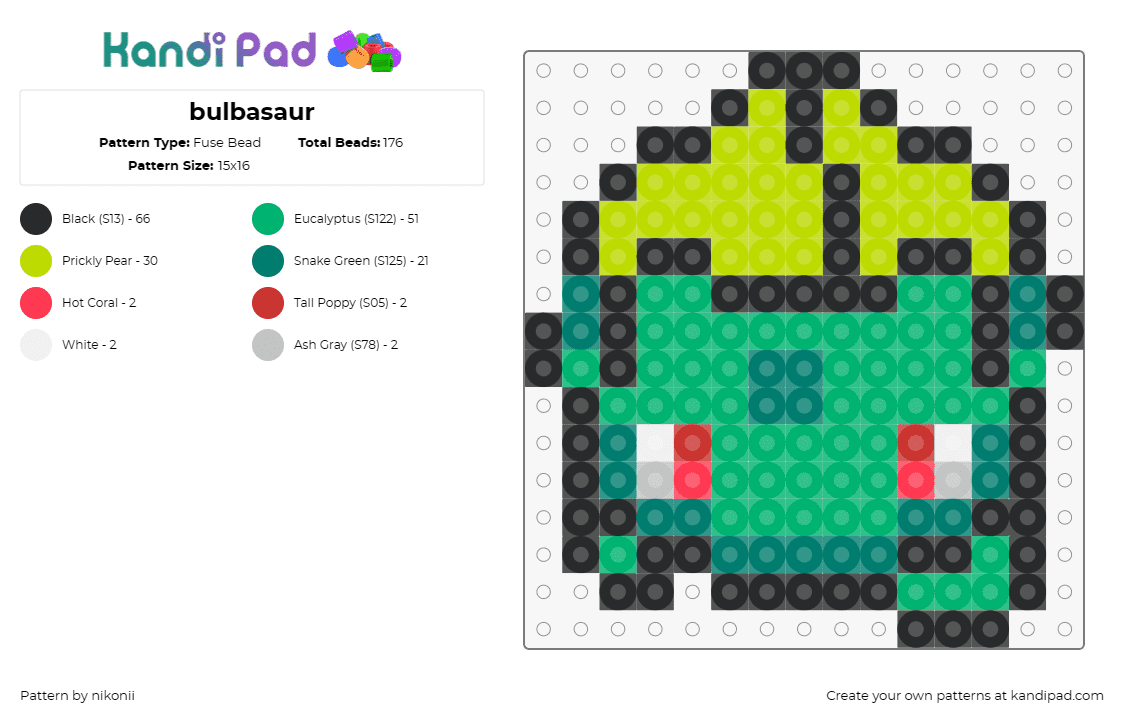 bulbasaur - Fuse Bead Pattern by nikonii on Kandi Pad - bulbasaur,pokemon,creature,gaming,anime,nostalgia,green