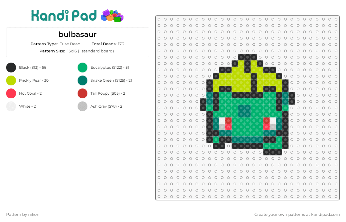 bulbasaur - Fuse Bead Pattern by nikonii on Kandi Pad - bulbasaur,pokemon,creature,gaming,anime,nostalgia,green