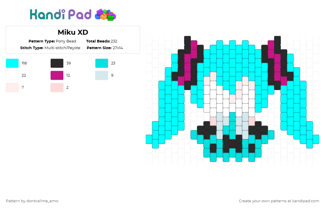 Miku XD - Pony Bead Pattern by dontcallme_emo on Kandi Pad - light blue,miku,blue,teal,vocaloid,music,charm