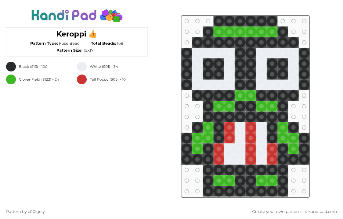 Keroppi 👍 - Fuse Bead Pattern by c00lgoiy on Kandi Pad - black,green,red