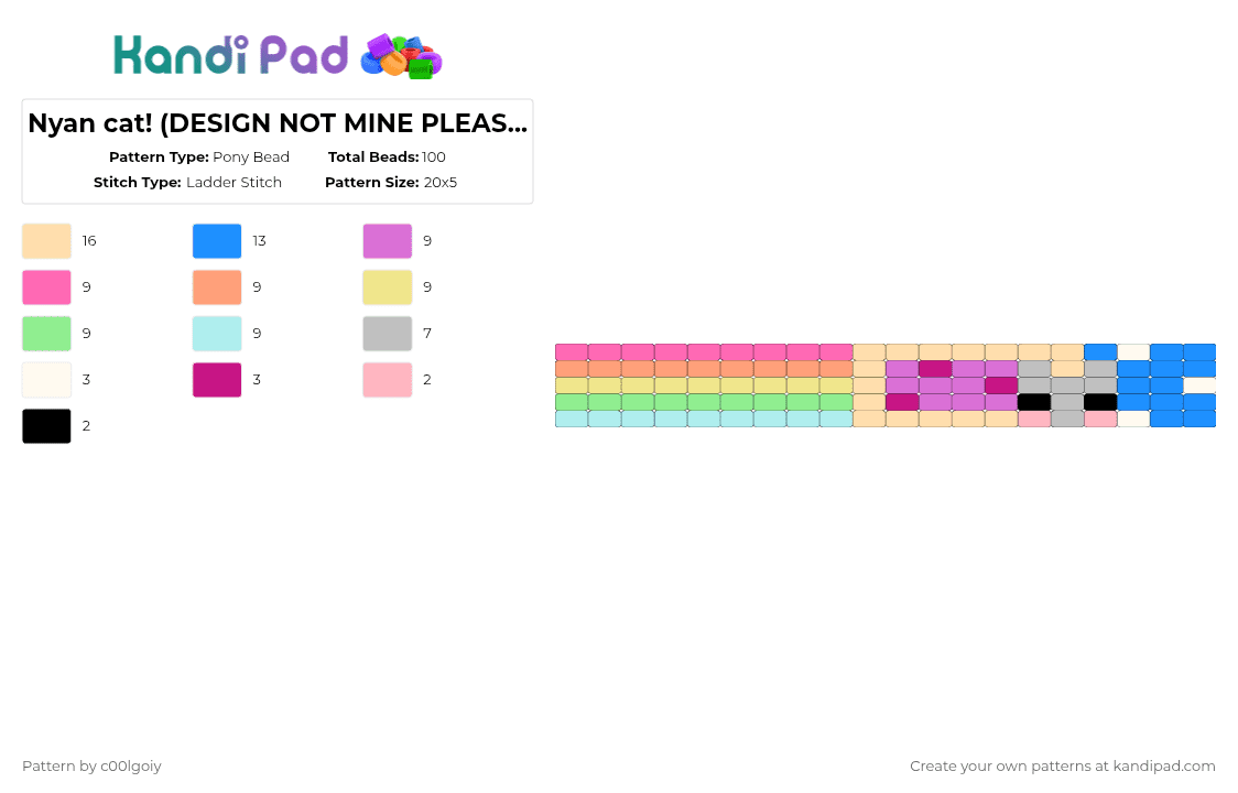 Nyan cat! (DESIGN NOT MINE PLEASE DONT SUE ME) - Pony Bead Pattern by c00lgoiy on Kandi Pad - pink,beige,light blue
