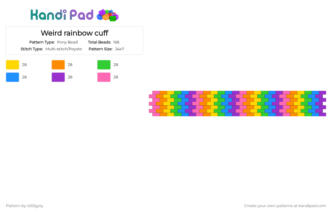 Weird rainbow cuff - Pony Bead Pattern by c00lgoiy on Kandi Pad - orange,light blue,pink,colorful