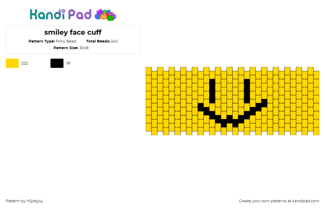 smiley face cuff - Pony Bead Pattern by h3yitzj4y on Kandi Pad - smiley,face,simple,cuff,happy,emotion,cheerful,yellow