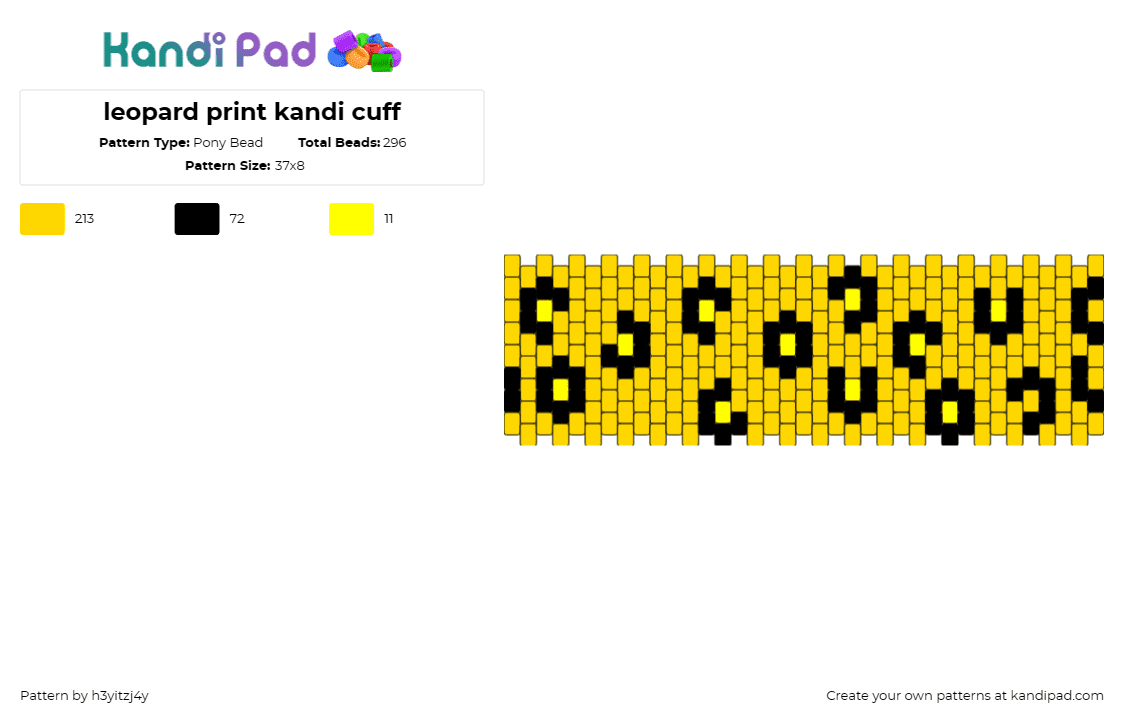 leopard print kandi cuff - Pony Bead Pattern by h3yitzj4y on Kandi Pad - leopard,cheetah,animal print,spots,cuff,wildlife,edgy,statement,fashion,yellow