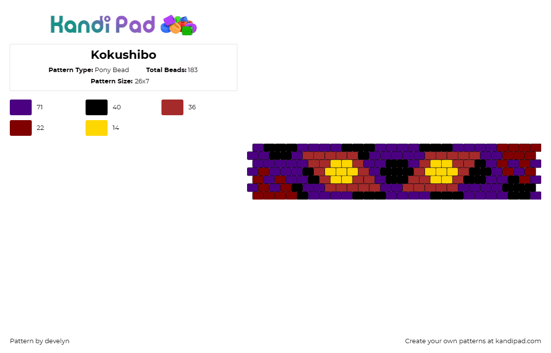 Kokushibo - Pony Bead Pattern by develyn on Kandi Pad - kokushibo,demon slayer,kimetsu no yaiba,cuff,character,anime,purple,red,yellow