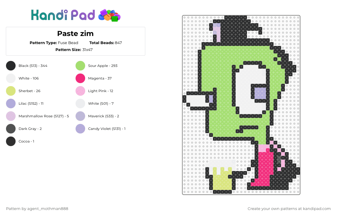 Zim Pattern Paste zim Fuse Bead Pattern - Kandi Pad | Kandi Patterns, Fuse Bead ...