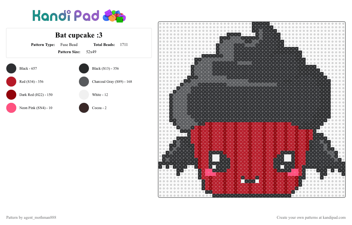 Bat cupcake :3 - Fuse Bead Pattern by agent_mothman888 on Kandi Pad - black,red,2000s,emo,idk what to tag this as,scene