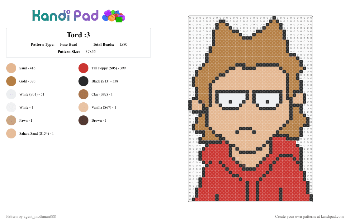 Tord :3 - Fuse Bead Pattern by agent_mothman888 on Kandi Pad - tan,beige,red,eddsworld,eddsworld tord,tord
