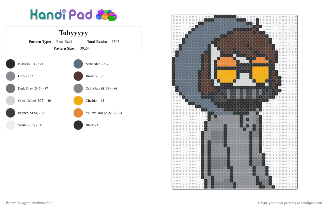 Tobyyyyy - Fuse Bead Pattern by agent_mothman888 on Kandi Pad - gray,creepypasta,ticci toby