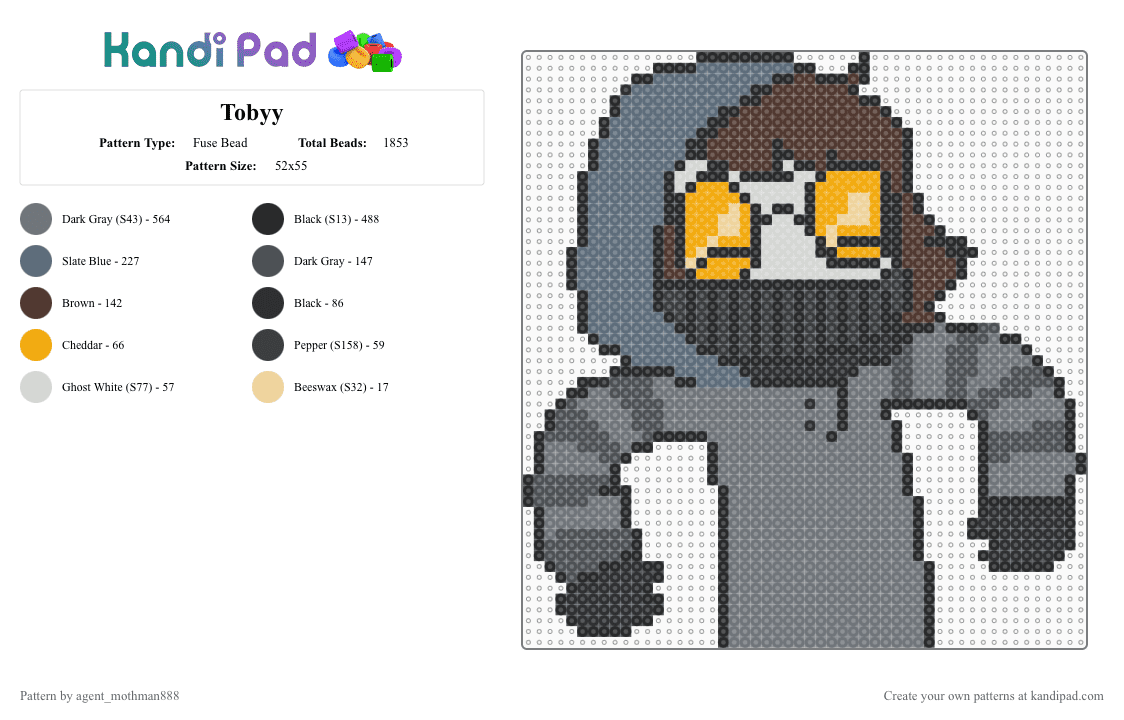 Tobyy - Fuse Bead Pattern by agent_mothman888 on Kandi Pad - gray,creepypasta,ticci toby