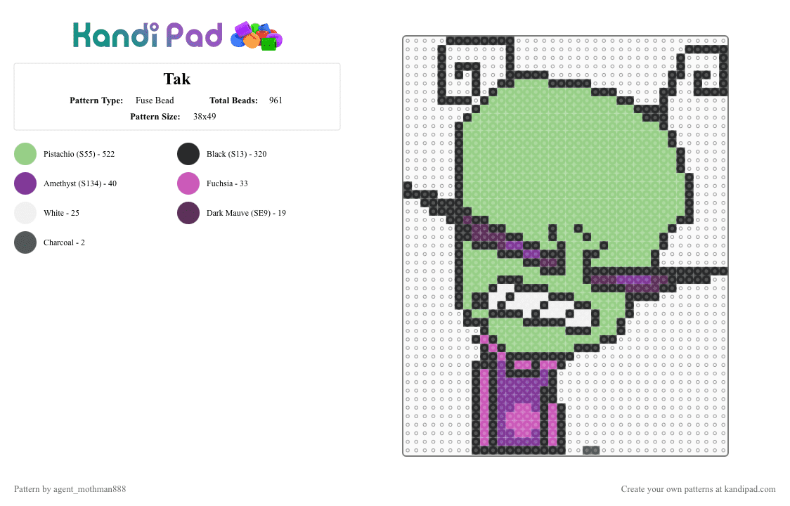 Tak - Fuse Bead Pattern by agent_mothman888 on Kandi Pad - teal,tak,invader zim