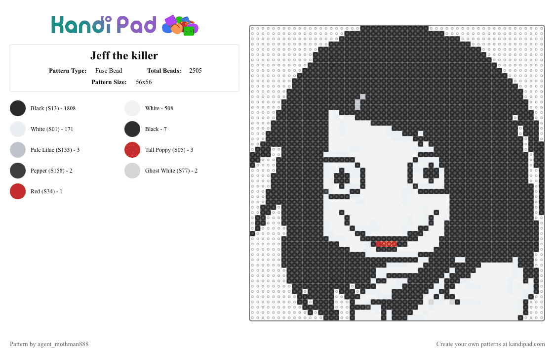Jeff the killer - Fuse Bead Pattern by agent_mothman888 on Kandi Pad - black,white,pink,red,creepypasta,jeff the killer