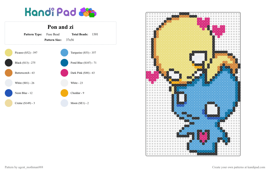 Pon and zi - Fuse Bead Pattern by agent_mothman888 on Kandi Pad - yellow,light blue,pon and zi,pon,zi,emo