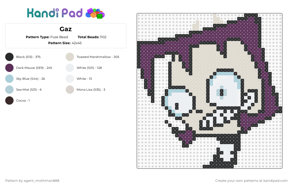 Gaz - Fuse Bead Pattern by agent_mothman888 on Kandi Pad - beige,pink,gaz,invader zim,pilot gaz