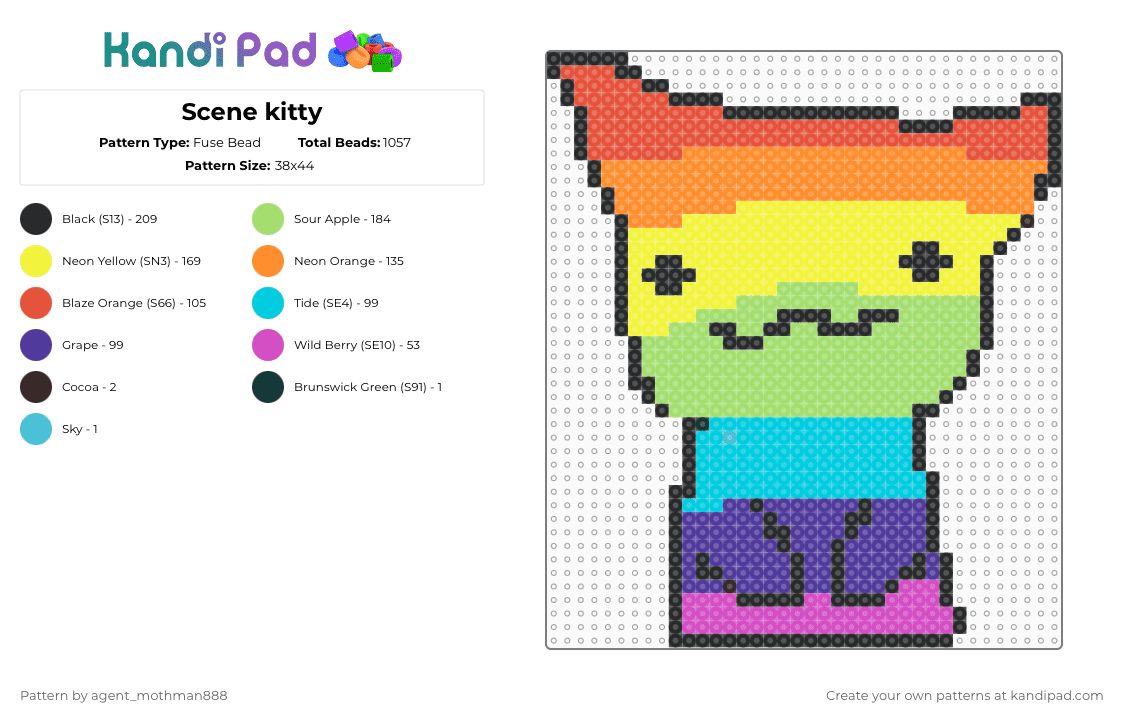 Scene kitty - Fuse Bead Pattern by agent_mothman888 on Kandi Pad - orange,green,light blue,purple,colorful,scene,cats,scene kitty