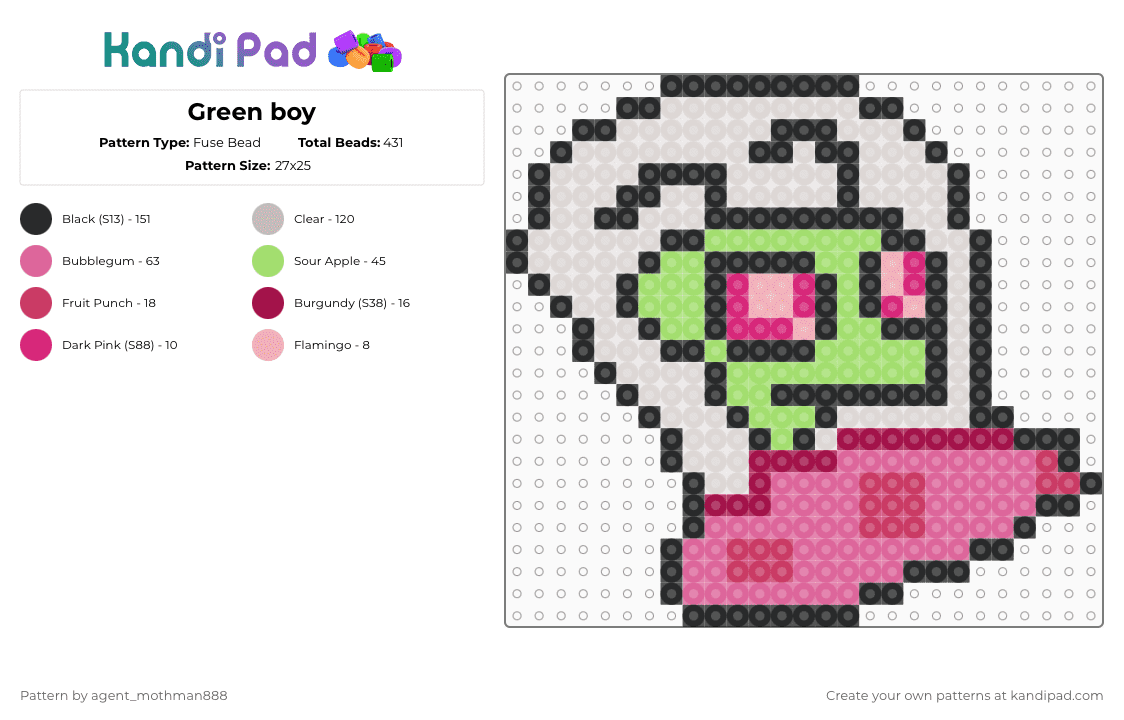 Green boy - Fuse Bead Pattern by agent_mothman888 on Kandi Pad - beige,pink,invader zim,pilot zim,zim,alien,spaceship,little guy,green