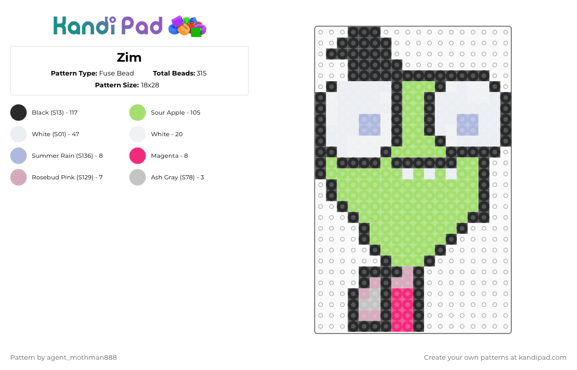 Zim - Fuse Bead Pattern by agent_mothman888 on Kandi Pad - green,invader zim,zim,2000s,invader zim comics