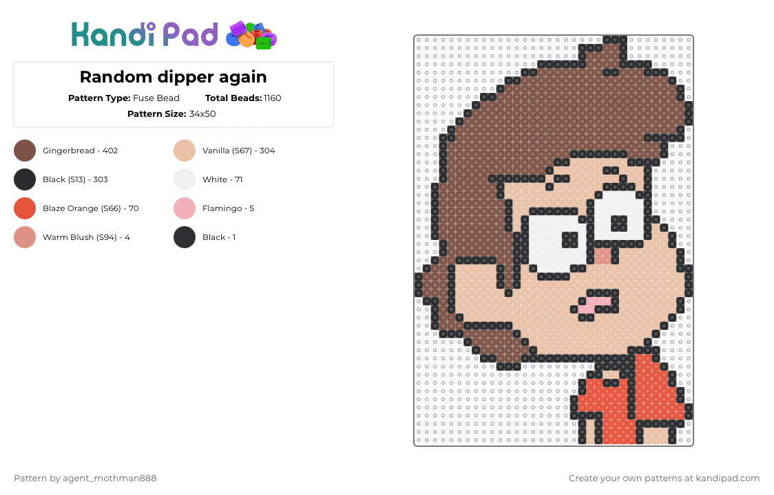 Random dipper again - Fuse Bead Pattern by agent_mothman888 on Kandi Pad - tan,beige,dipper pines,gravity falls,gravity falls comic