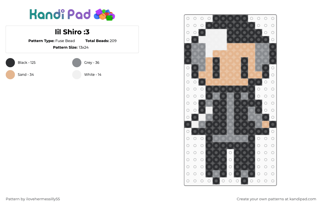 lil Shiro :3 - Fuse Bead Pattern by ilovehermessilly55 on Kandi Pad - black,gray,beige