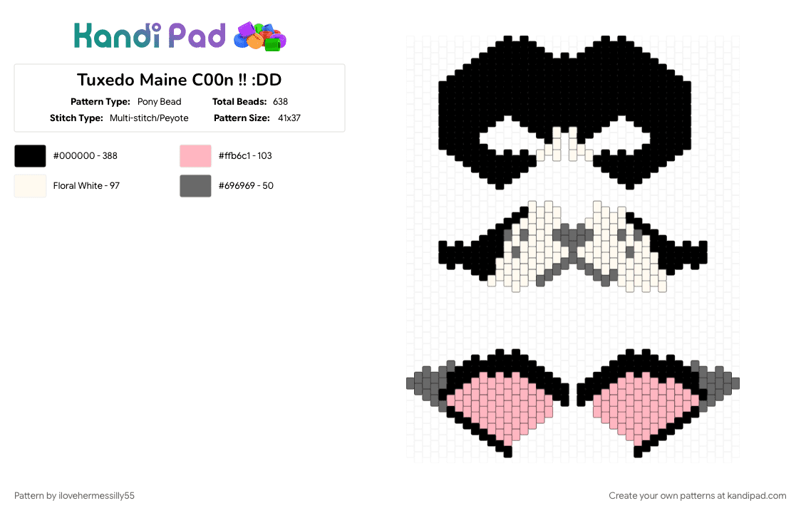 Tuxedo Maine C00n !! :DD - Pony Bead Pattern by ilovehermessilly55 on Kandi Pad - animal, black, cat, gray, mask, pink, therian, therian mask
