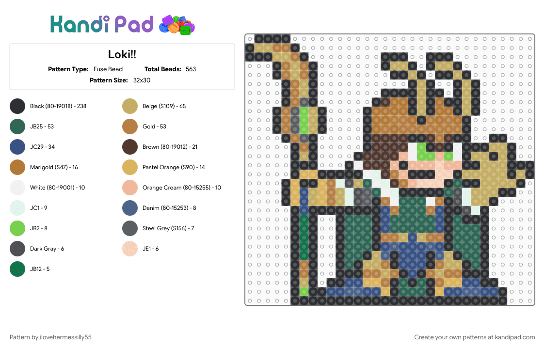 Loki!! - Fuse Bead Pattern by ilovehermessilly55 on Kandi Pad - beige, black, colorful, gray, loki, marvel, marvelcomic, norse, tan
