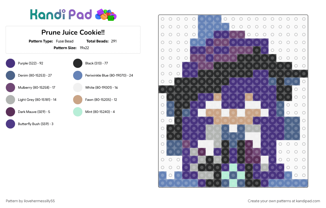 Prune Juice Cookie!! - Fuse Bead Pattern by ilovehermessilly55 on Kandi Pad - blue, character, cookie run kingdom, crk, prune juice cookie, purple