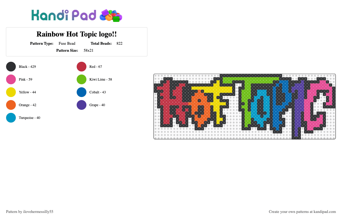 Rainbow Hot Topic logo!! - Fuse Bead Pattern by ilovehermessilly55 on Kandi Pad - black, colorful, pink, red