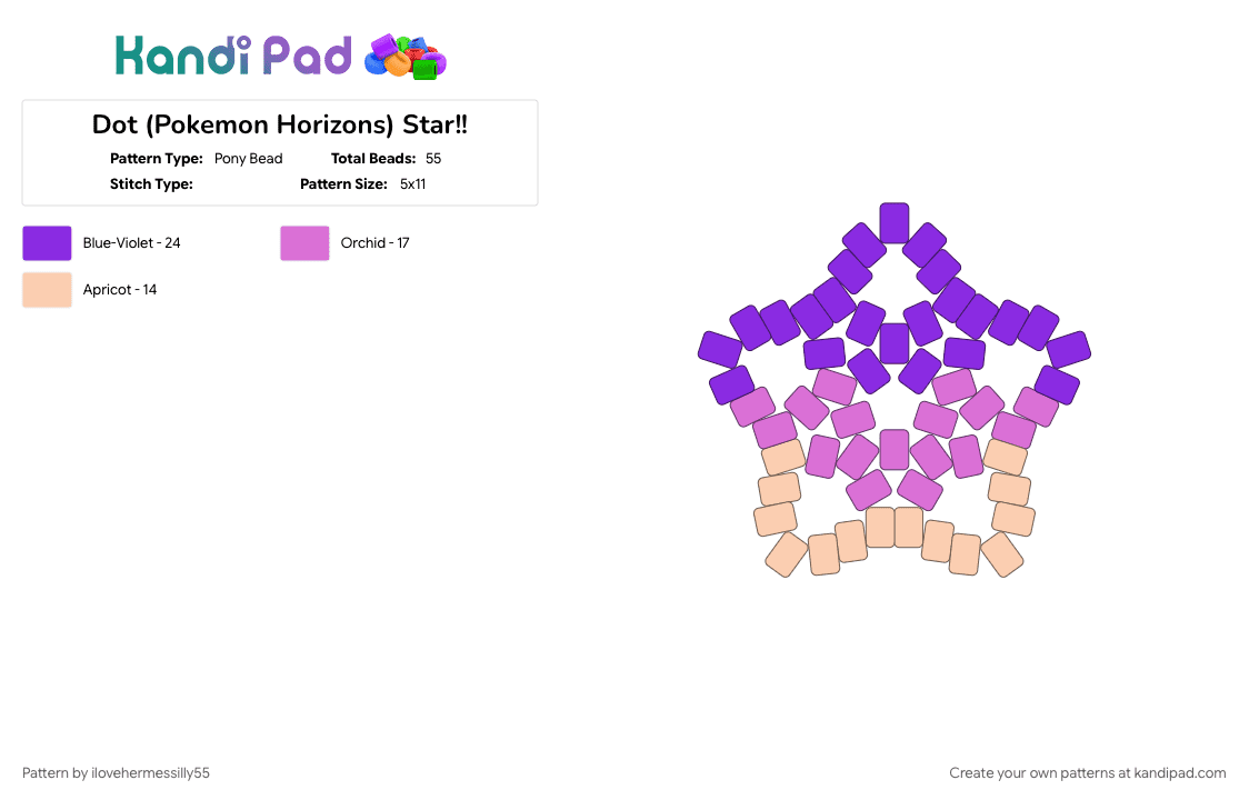 Dot (Pokemon Horizons) Star!! - Pony Bead Pattern by ilovehermessilly55 on Kandi Pad - cotddots, dot, paldea, pokemon, pokemonhorizons, purple