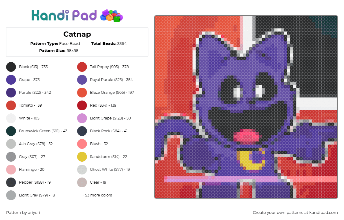 Catnap - Fuse Bead Pattern by ariyeri on Kandi Pad - catnap,smiling critters,poppy playtime,video game,character,purple,red