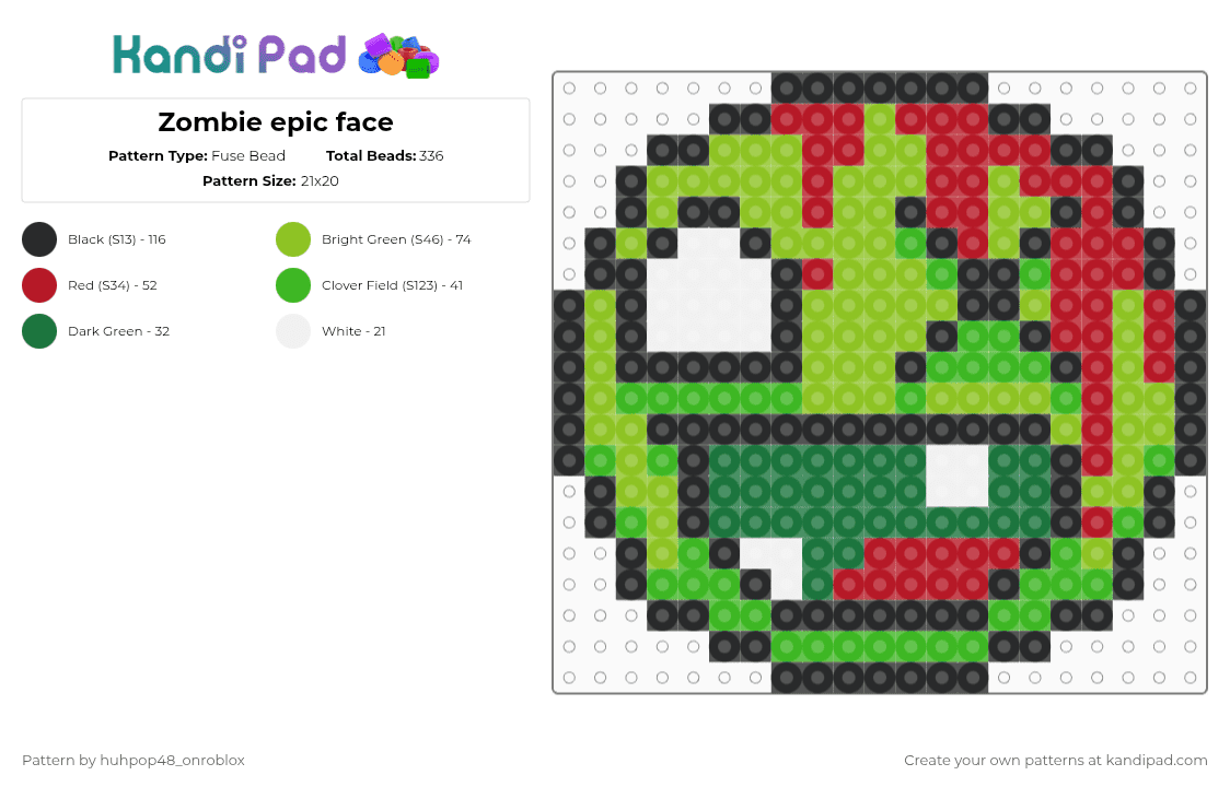 Zombie epic face - Fuse Bead Pattern by huhpop48_onroblox on Kandi Pad - red,green