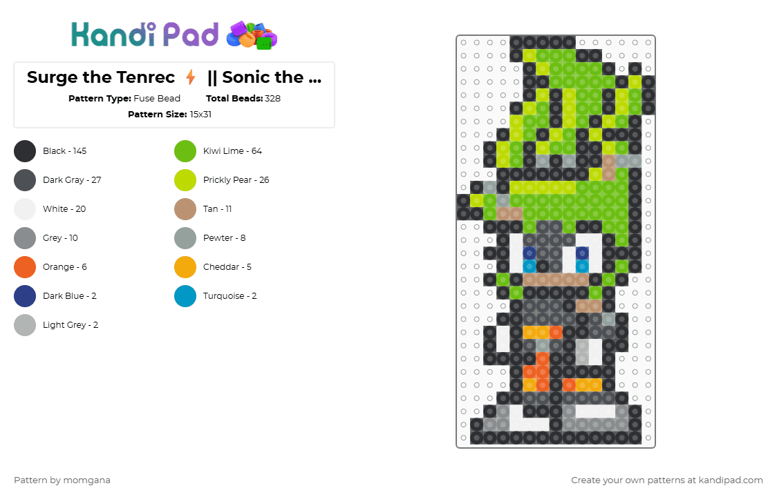 Surge the Tenrec ⚡ || Sonic the Hedgehog - Fuse Bead Pattern by momgana on Kandi Pad - black,gray,green,sonic the hedgehog,sth,sonic,surge the tenrec