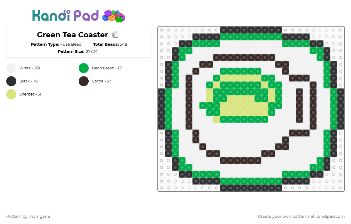 Green Tea Coaster 🍵 - Fuse Bead Pattern by momgana on Kandi Pad - white,green,tea,green tea,coaster