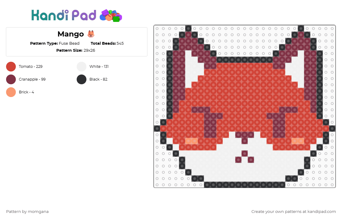 Mango 🦊 - Fuse Bead Pattern by momgana on Kandi Pad - red